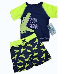 Boy's Navy Neon Yellow Crocodile Two Piece Rash Guard Swim Set 18Months   NWT